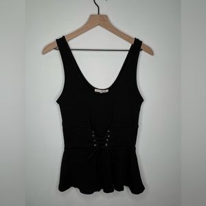 Express One Eleven - black ribbed lace front tank, size L